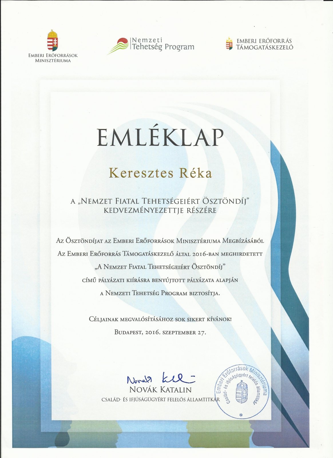 A Nemzet Fiatal Tehetségeiért Ösztöndíjat kapott hallgatónk