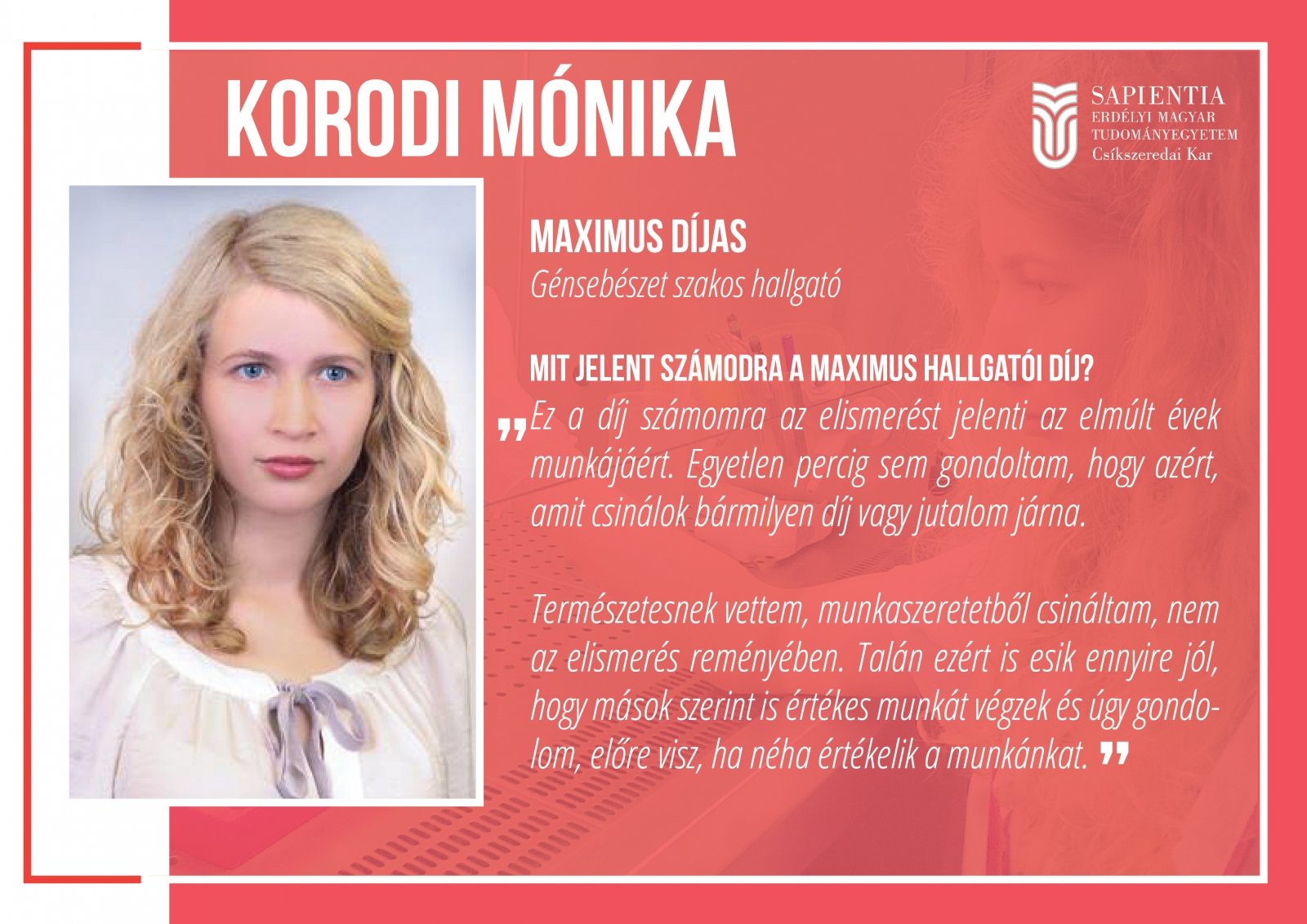 Korodi Mónika,  MAXIMUS díjas hallgatóval beszélgettünk